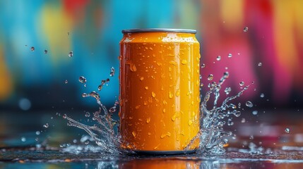 Poster - A bright orange can is dramatically splashing in water, creating droplets that shimmer. The colorful background enhances the lively summer atmosphere.