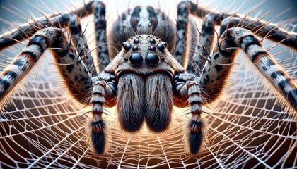 A stunning close-up of a spider in its web, showcasing intricate details. Perfect for nature-themed projects, educational materials, or horror film promotions.