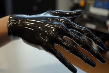 Fototapete - Innovative black prosthetic hand displayed in laboratory setting with advanced technology during workshop activities