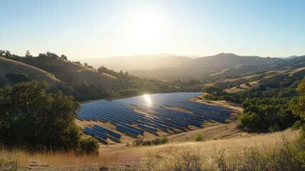 Photovoltaic Solar Panel Array on Hillside under Clear Sky on a Hilltop