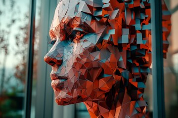 Poster - Sculptural representation of a human face made from angular shapes in an outdoor setting during sunset