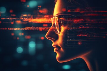 Aufkleber - Woman with glasses surrounded by digital elements in a futuristic setting at night