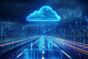 Aufkleber - Digital cloud computing concept over a futuristic urban landscape with neon aesthetics at night