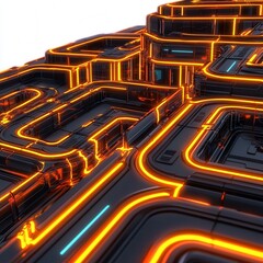 Wall Mural - future electronic circuit concept, futuristic abstract cityscape with glowing neon pathways.