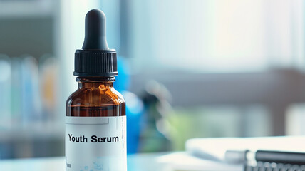 Poster - This youth serum bottle sits on a desk, showcasing advancements in genetic research and bioengineering.