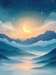 Wall Mural - a serene mountain landscape with a crescent moon and stars shining bright in the night sky
