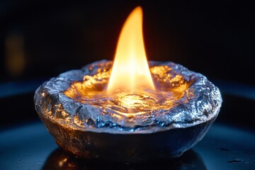 Poster - Flame dances in a metallic bowl reflecting warmth in a dark space during a calm evening