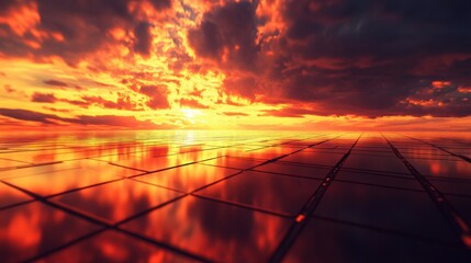 Solar Panels Reflecting Warm Colors of Sunset