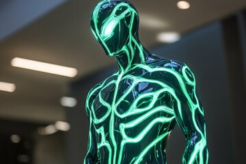 Aufkleber - Futuristic neon figure with glowing patterns displayed in modern indoor space during an art exhibit