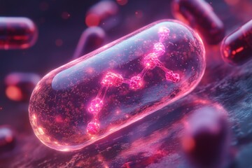 Poster - Vibrant capsule showcasing molecular structure amidst organic elements in a scientific composition