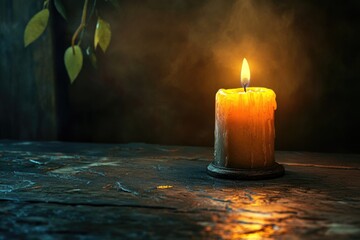 Wall Mural - A single lit candle sits on a wooden table, providing warm light