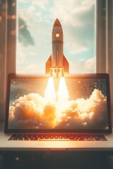 Wall Mural - a laptop with a rocket emerging from its screen, suitable for futuristic or sci-fi concepts