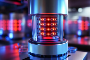 Fototapete - Advanced technology device featuring illuminated components in a laboratory environment at night