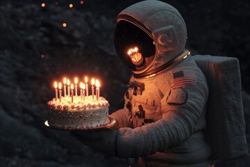Wall Mural - astronaut celebrating a special day with a birthday cake and lit candles