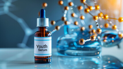 Aufkleber - This bottle labeled Youth Serum sits beside molecular structures of genetic advancements.