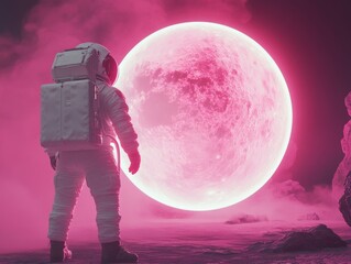 Wall Mural - astronaut in space suit standing on the surface of a pink moon