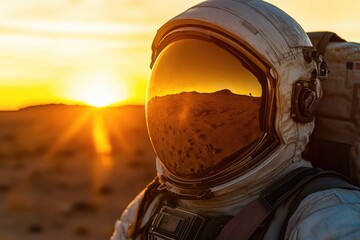 Wall Mural - astronaut standing in the middle of a desert, wearing a spacesuit and holding a helmet