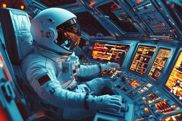 Canvas Print - space astronaut sits at console with screens and equipment, advising use for space-themed illustrati