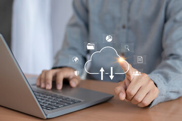 Wall Mural - cloud computing shown in hand cloud technology data storage, data transfer, network and internet ser
