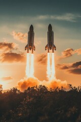 Wall Mural - two rockets soaring through the sky, with smoke trails behind them