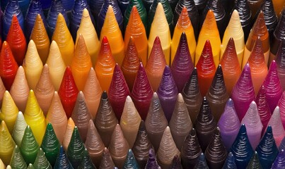 vivid, colorful arrangement of cone shaped objects, showcasing a spectrum of rainbow hues in a repet