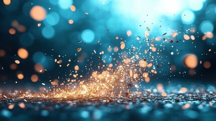 Aufkleber - Sparkling Glittering Shimmering Golden Particles Exploding on Teal Background Festive Celebration Abstract Design