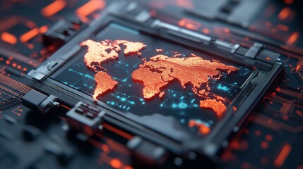 Poster - Global Network Connection Futuristic Technology Displaying a World Map on a Digital Screen Circuit Board