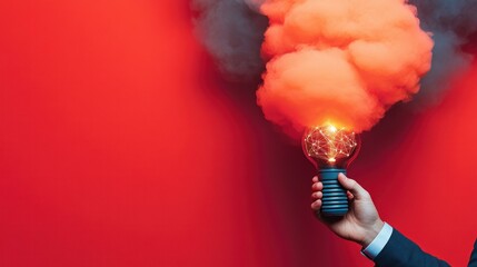 Aufkleber - A Hand Holds a Glowing Lightbulb Emitting Red Smoke against a Red Background symbolizing Innovation and New Ideas