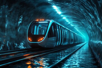 Aufkleber - Modern train traveling through a glowing underground tunnel filled with water