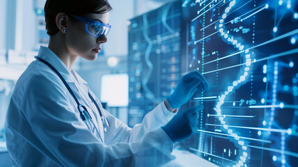 Leinwandbilder - This scientist interacts with a digital display, analyzing genetic data related to youth prolongation.
