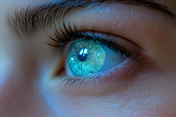 Poster - Close-up view of a mesmerizing eye with unique blue details and intricate patterns capturing light and reflection