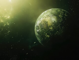 Wall Mural - a green planet floating in space surrounded by stars, suitable for use as an otherworldly background