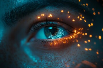 Poster - Close-up view of a human eye illuminated by colorful lights and reflections, showcasing intricate details and textures at night