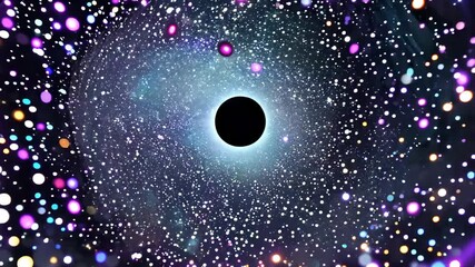 Wall Mural - Abstract cosmic black hole with swirling colorful particles and glowing stars in a deep space vortex
