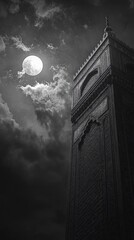 Wall Mural - a clock tower with a full moon shining bright in the background, perfect for use in nighttime or cel
