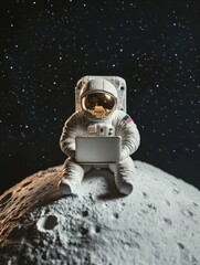 Wall Mural - an astronaut sits on the moon's surface, typing away on their laptop