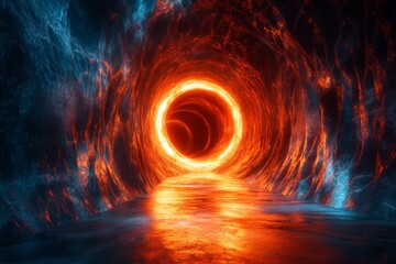 Poster - Mysterious fiery tunnel with glowing orange circular entrance and reflective water surface in a cavernous environment