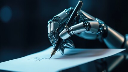 A robot's mechanical hand holds a pen and scribbles on a piece of paper, with a creative yet functional design