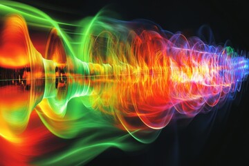 Fototapete - Colorful abstract waves create a visual representation of sound frequencies in a dark background