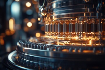 Aufkleber - Detailed close-up of intricate mechanical components illuminated with soft light in a modern industrial setting