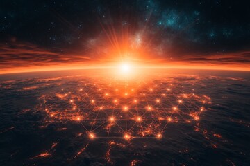 Poster - Stunning visualization of a glowing network beneath a vibrant sunrise from space