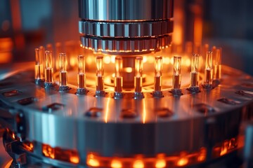 Poster - Precision machinery operates in a lab setting to process glass vials under intense illumination