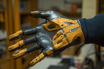 Fototapete - Innovative robotic hand prototype displayed in a technology workshop showcasing advanced design and engineering principles