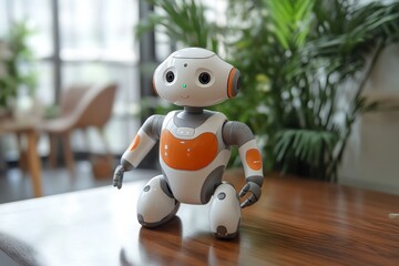 Fototapete - Cute humanoid robot interacts in modern indoor space surrounded by greenery