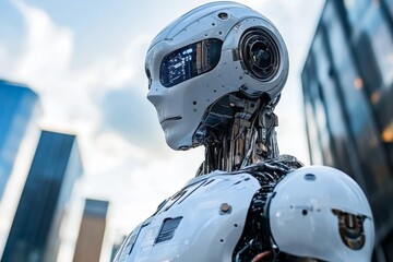 Poster - Advanced humanoid robot stands in urban setting on a bright day showcasing intricate design and technology features