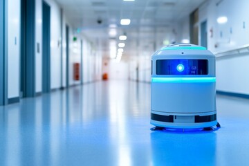 Poster - Innovative cleaning robot operating in a modern hospital corridor during daytime