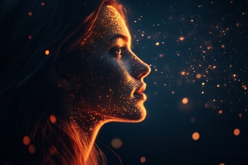 Aufkleber - Portrait of a woman with shimmering particles on her face set against a dark background highlighting her profile