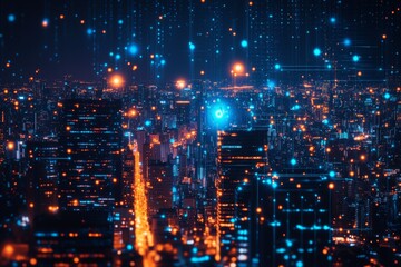 Poster - Urban skyline illuminated at night with glowing lights and digital effects showcasing a vibrant city atmosphere
