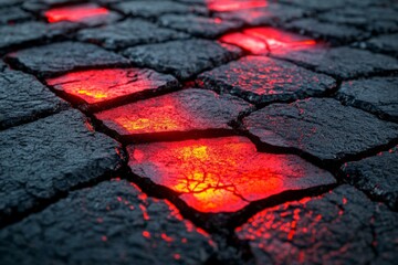 Poster - Lava glowing through cracked volcanic ground at twilight in an otherworldly landscape