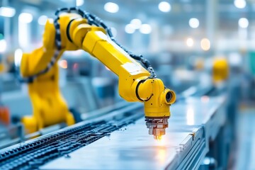 Fototapete - Industrial robotic arm cutting metal sheets in a manufacturing facility during daylight hours